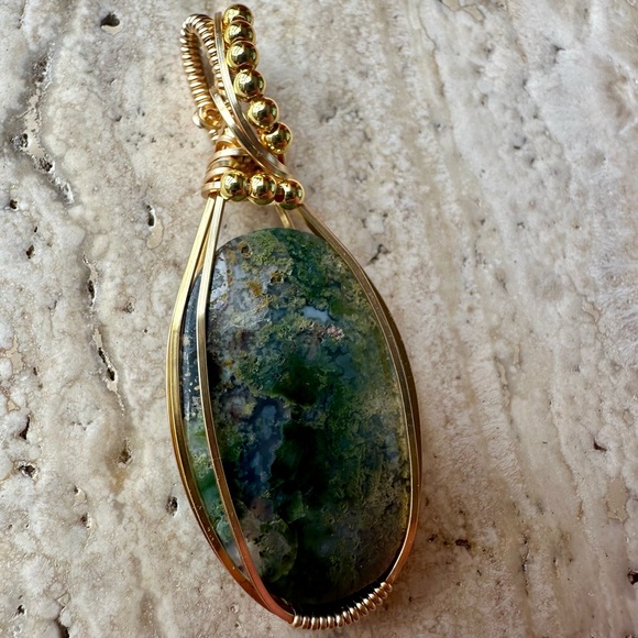 14k Gold Fill & Grounding Tarnish Resistant Copper Moss Agate Necklace Pendant - Picture 3 of 6